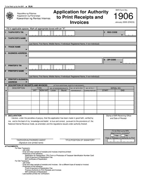 bir form 1906 (jan 2000 encs)|Guidelines in the Application to Print Receipts and Invoices .